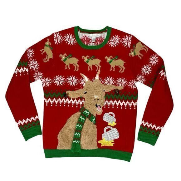 JOLLY SWEATERS Goat drinking Beer Ugly Christmas Sweater Holiday Unisex L Red - Picture 1 of 15